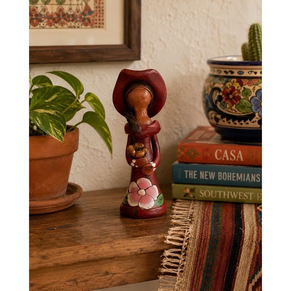 6" Hand Painted Faceless Clay Last Figurine Dominican Folk Art Style Muneca Lime